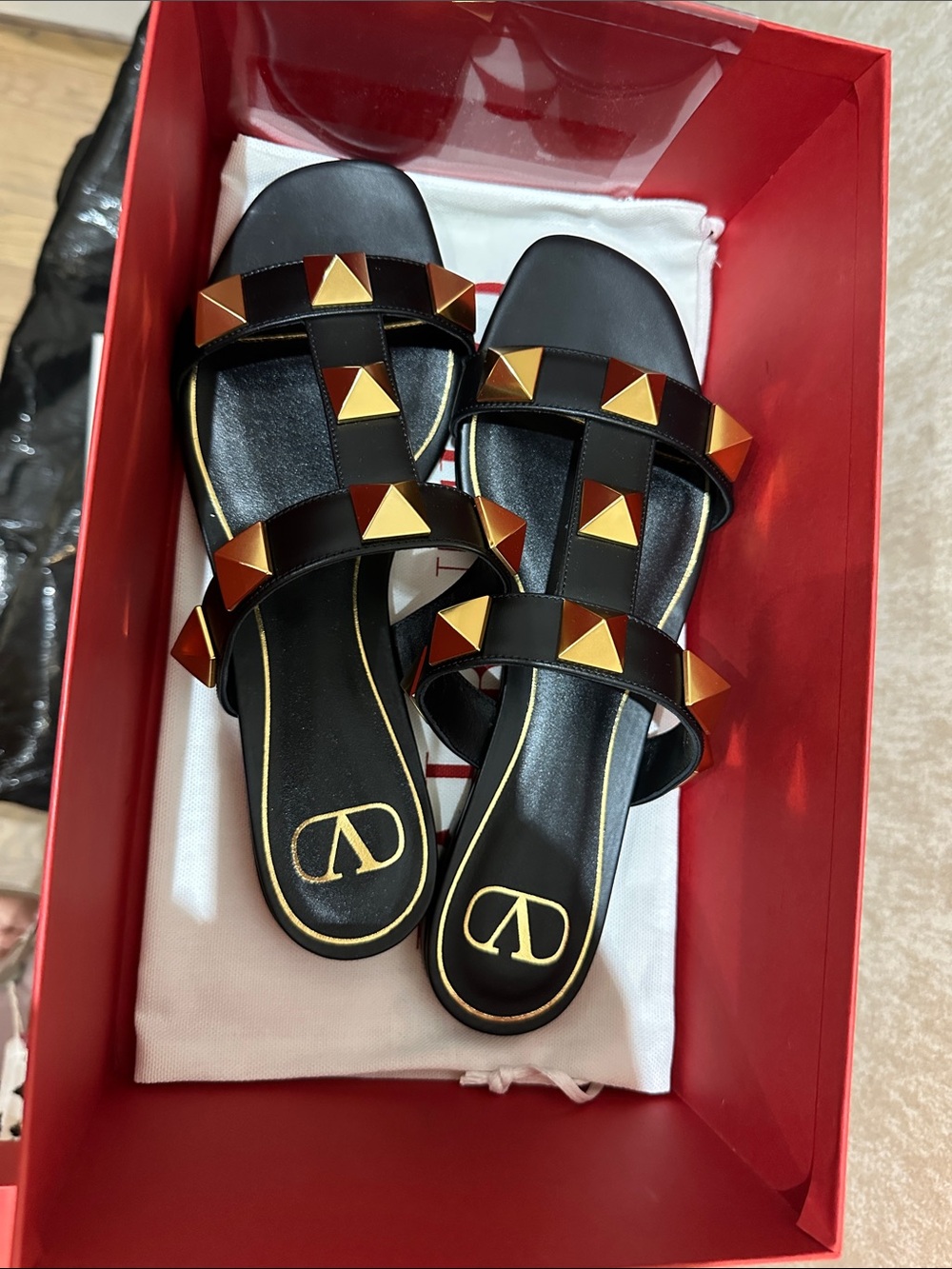 Valentino Black Leather Slide Sandals with Gold Pyramid Studs